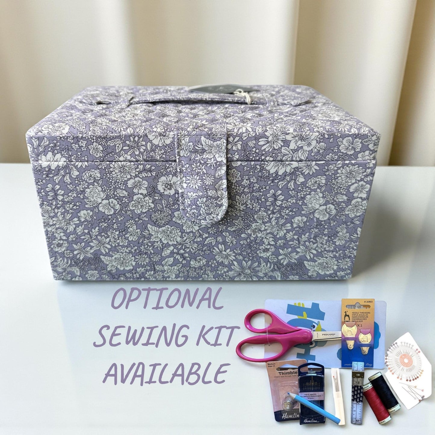 Liberty Sewing Box in Lilac & White Floral Cotton Print with Optional Sewing Kit Available