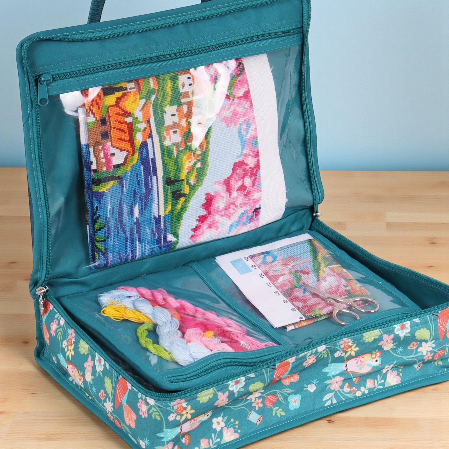 Bird Aviary Fabric Craft Bag: Turquoise Bird and Floral Project Tote