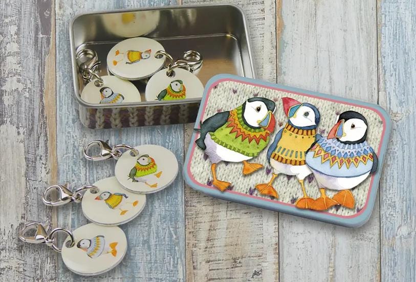 CROCHET STITCH MARKERS in a Tin. Woolly Puffins Design by Emma Ball