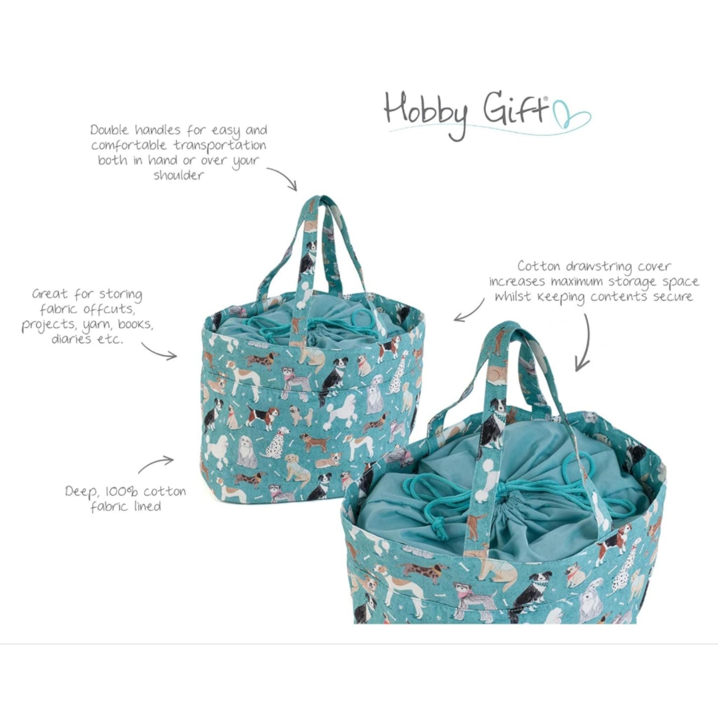 Dogs Knitting & Craft Storage Bag. Cotton Padded Tote with Drawstring