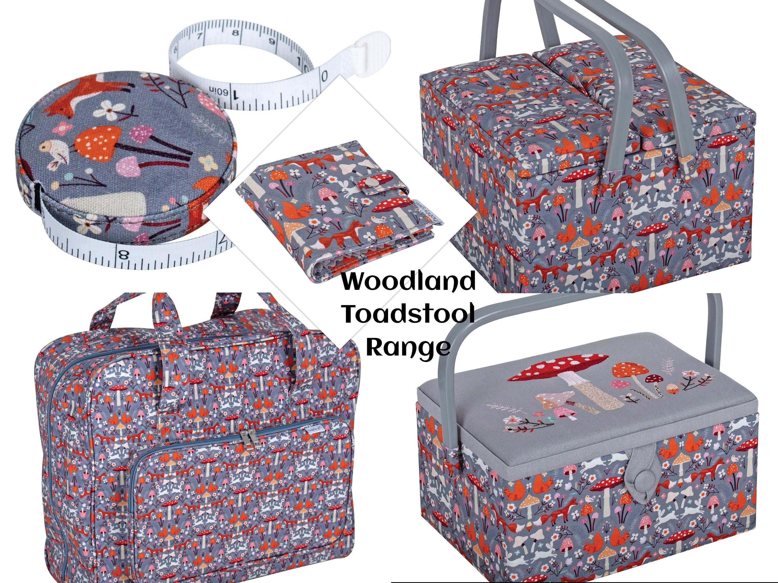 SEWING BASKET BOX Woodland Toadstool Square Design With Twin Lids