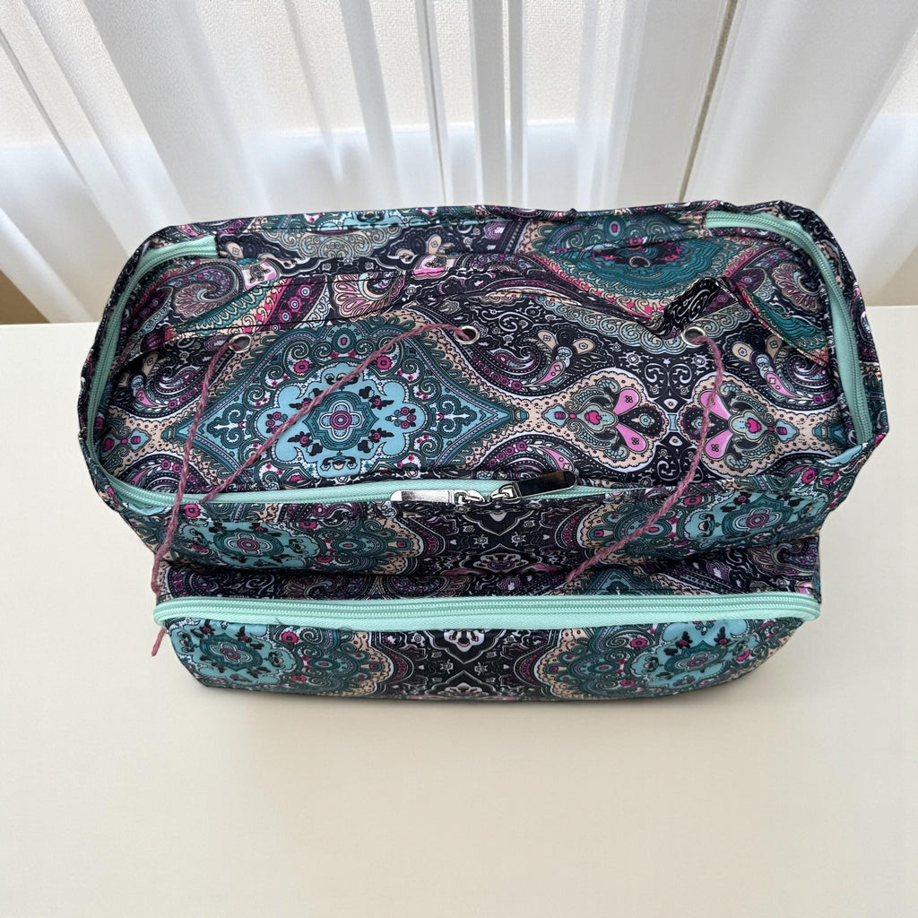 Lightweight Knitting Bag Yarn Storage. Abstract Pink & Green Pattern, 3 Feeder Holes, Front Storage Pocket