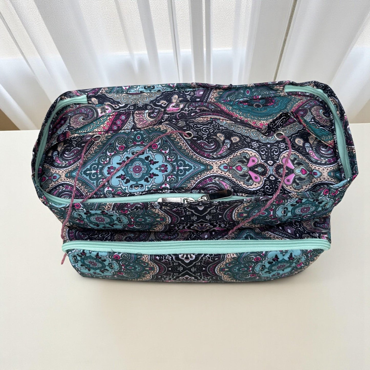Lightweight Knitting Bag Yarn Storage. Abstract Pink & Green Pattern, 3 Feeder Holes, Front Storage Pocket