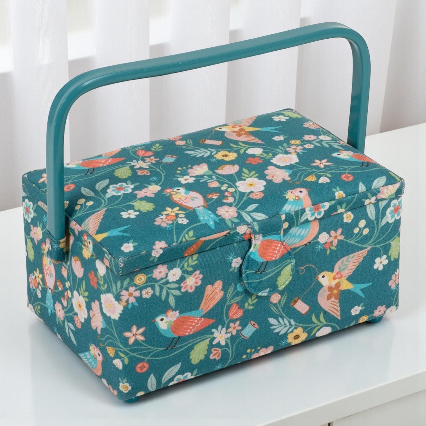 Medium Turquoise Bird Aviary Sewing Basket with Optional Sewing Accessory Kit