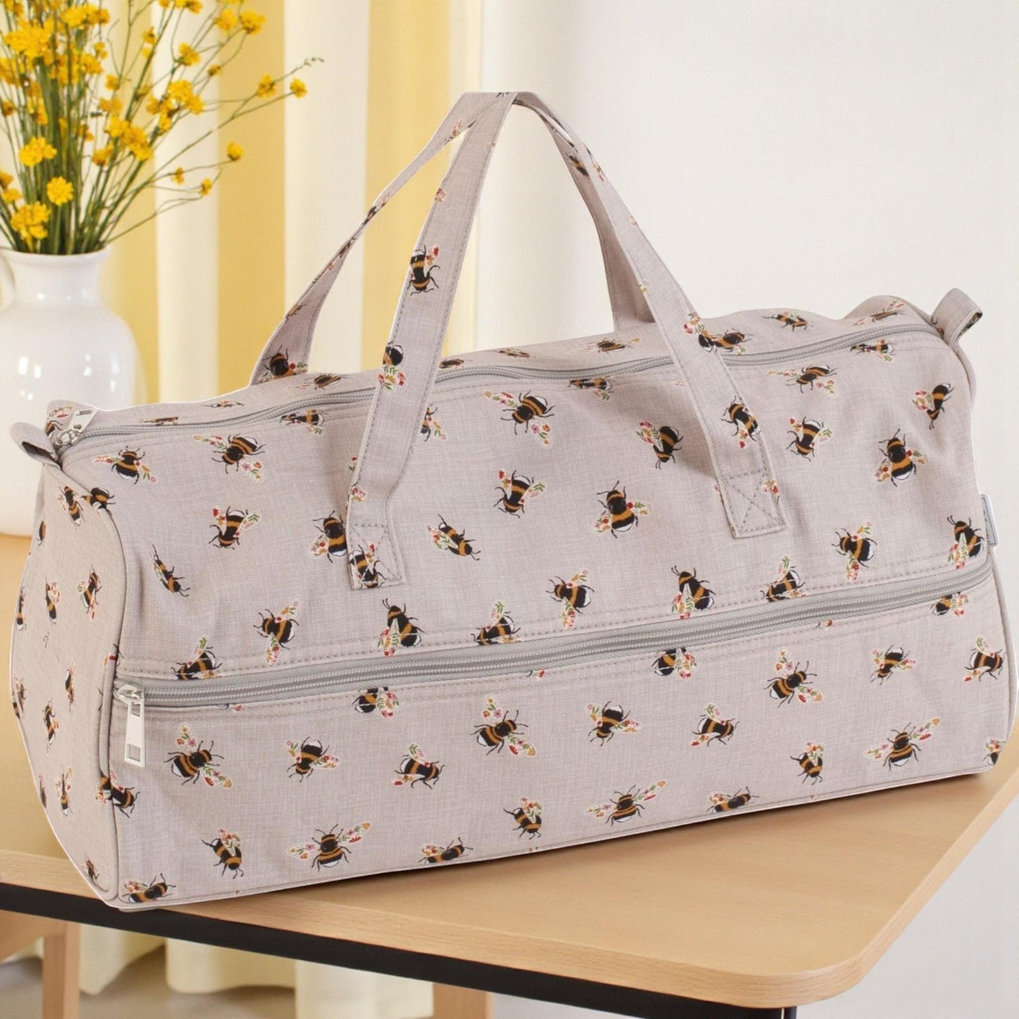 Long Knitting Bag Bee Design. Cotton Yarn Storage Tote with Zip. Knitting & Crochet Organizer