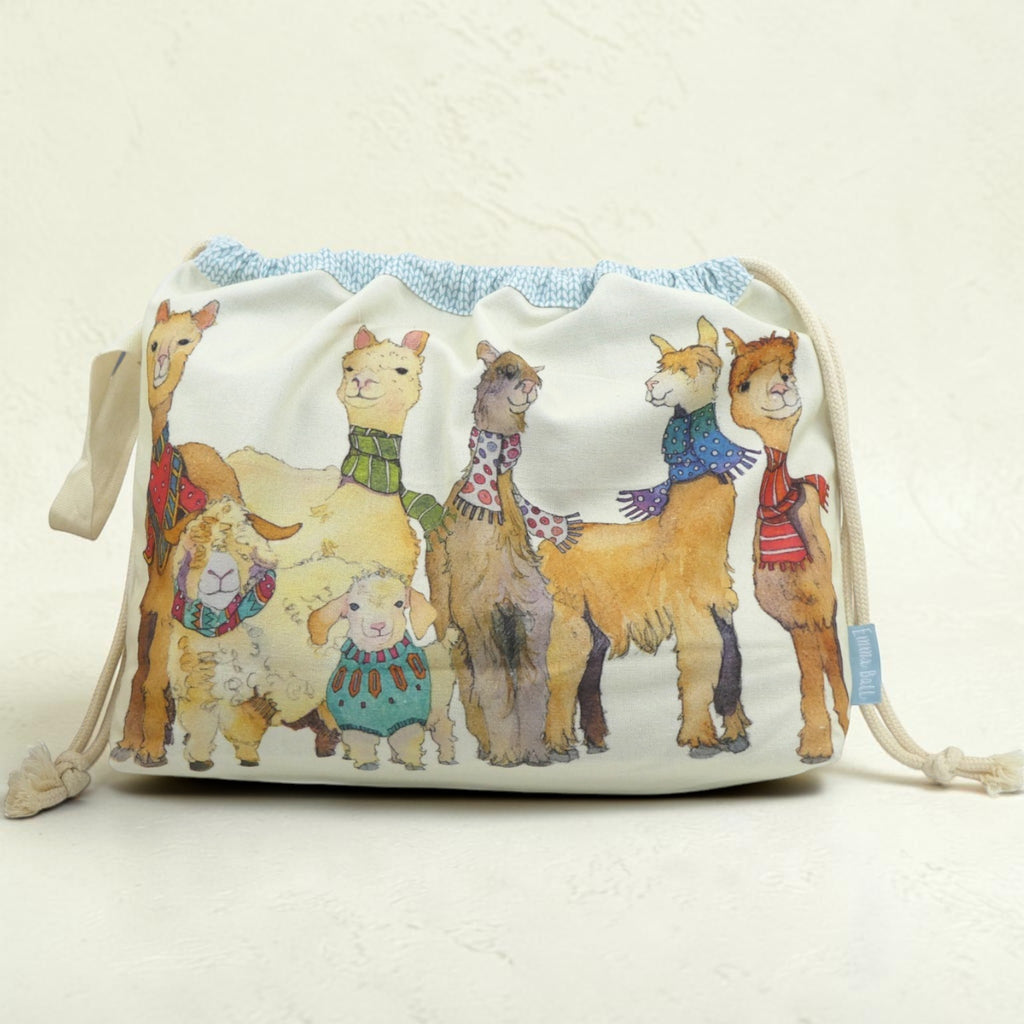 Emma Ball Alpacas & Friends Drawstring Bag. Knitting and Crochet Project and Yarn Storage