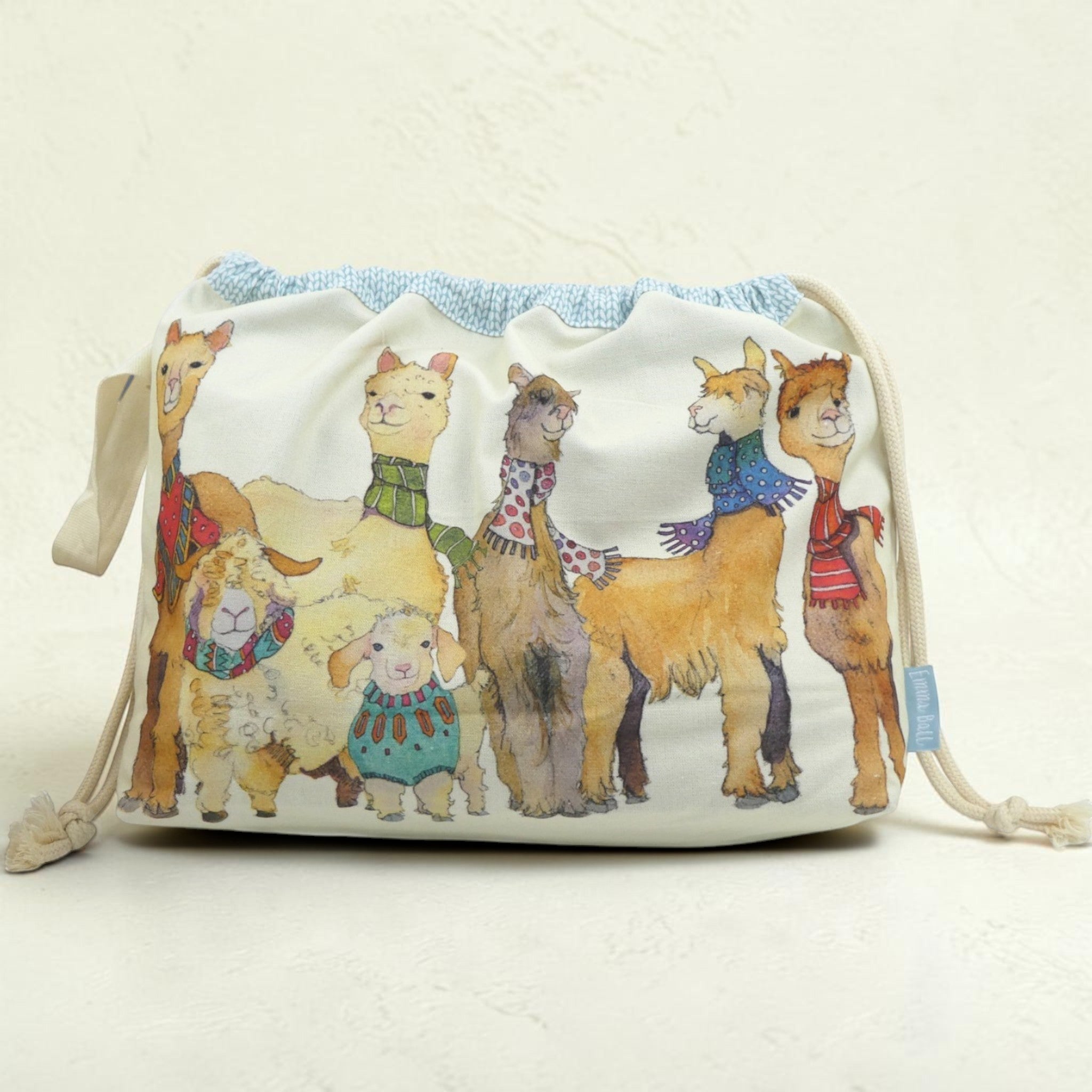 Emma Ball Alpacas & Friends Drawstring Bag. Knitting and Crochet Project and Yarn Storage
