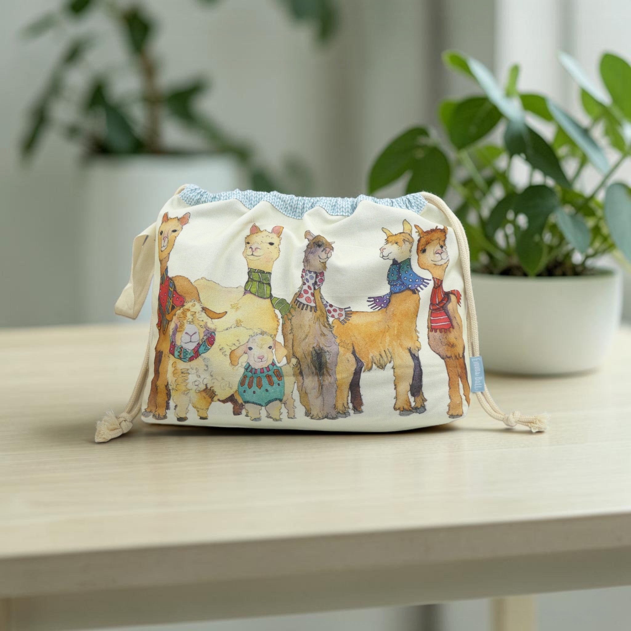 Emma Ball Alpacas & Friends Drawstring Bag. Knitting and Crochet Project and Yarn Storage