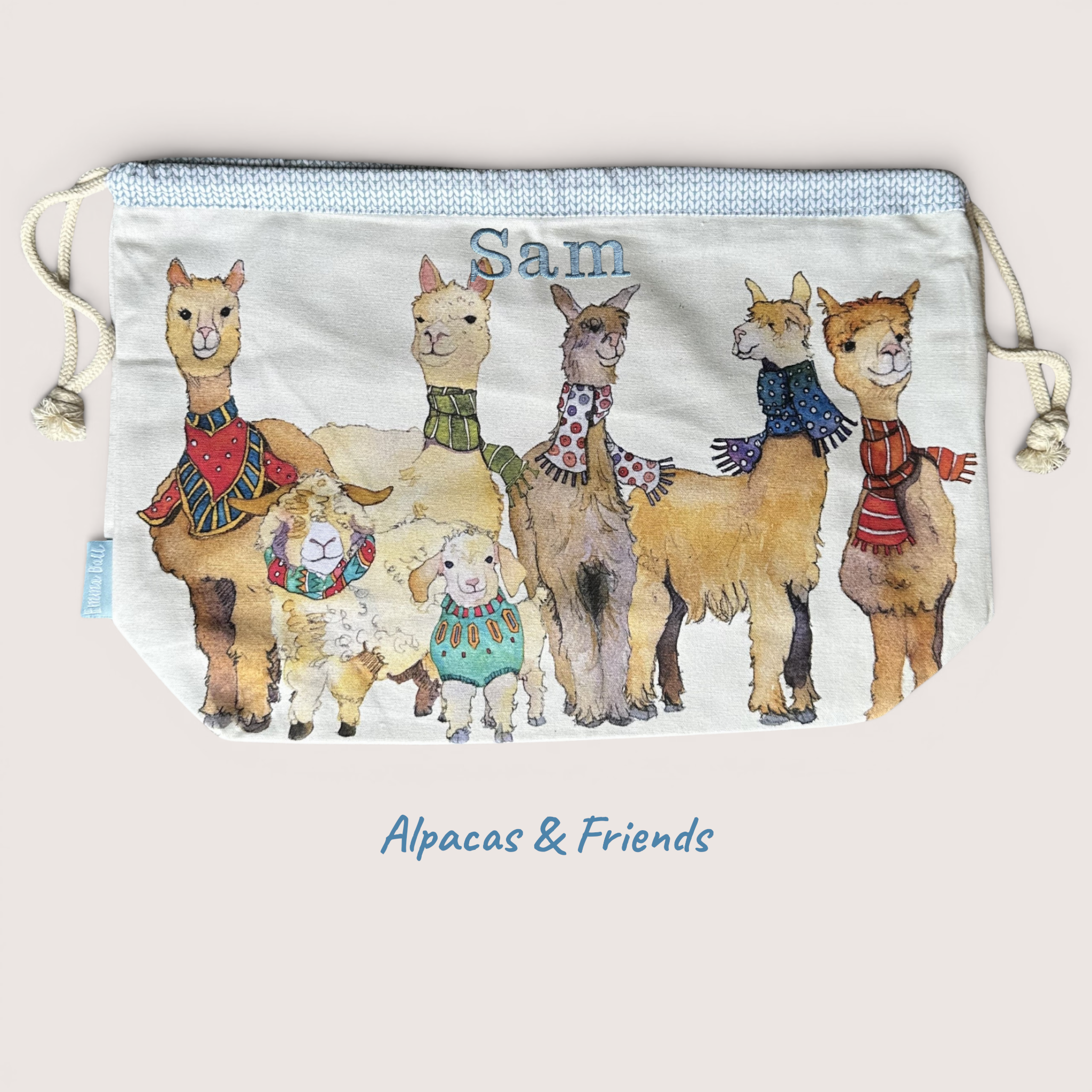 Personalised Emma Ball Drawstring Bags, Knitting & Crochet Projects and Yarn Storage. Knitting Gifts