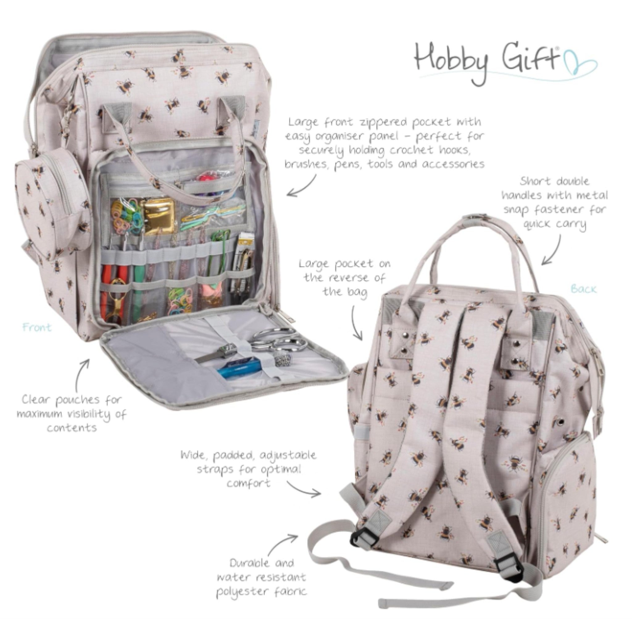 Craft Storage Backpack Bee Design  Lots of Pockets. Ideal for Sewing, Knitting and Crafts