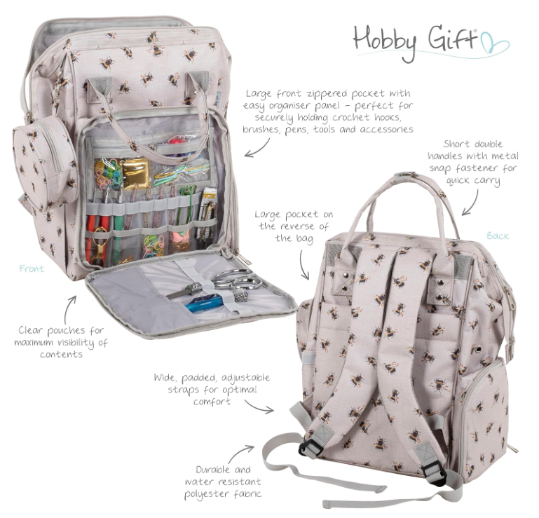 Craft Storage Backpack Bee Design  Lots of Pockets. Ideal for Sewing, Knitting and Crafts