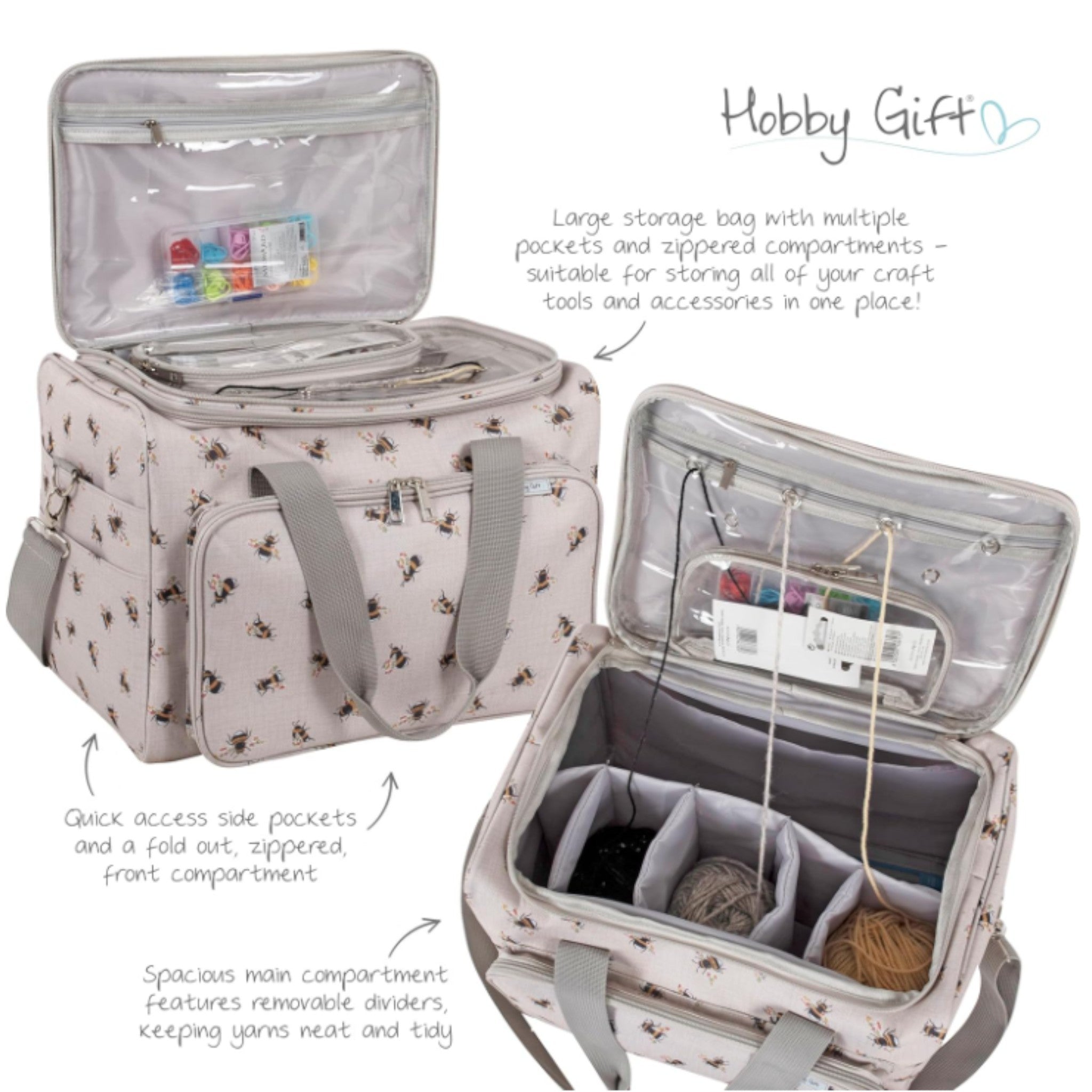 Bee Knitting & Craft Tote Organiser Bee Design Sturdy Bag with Lots of Compartments