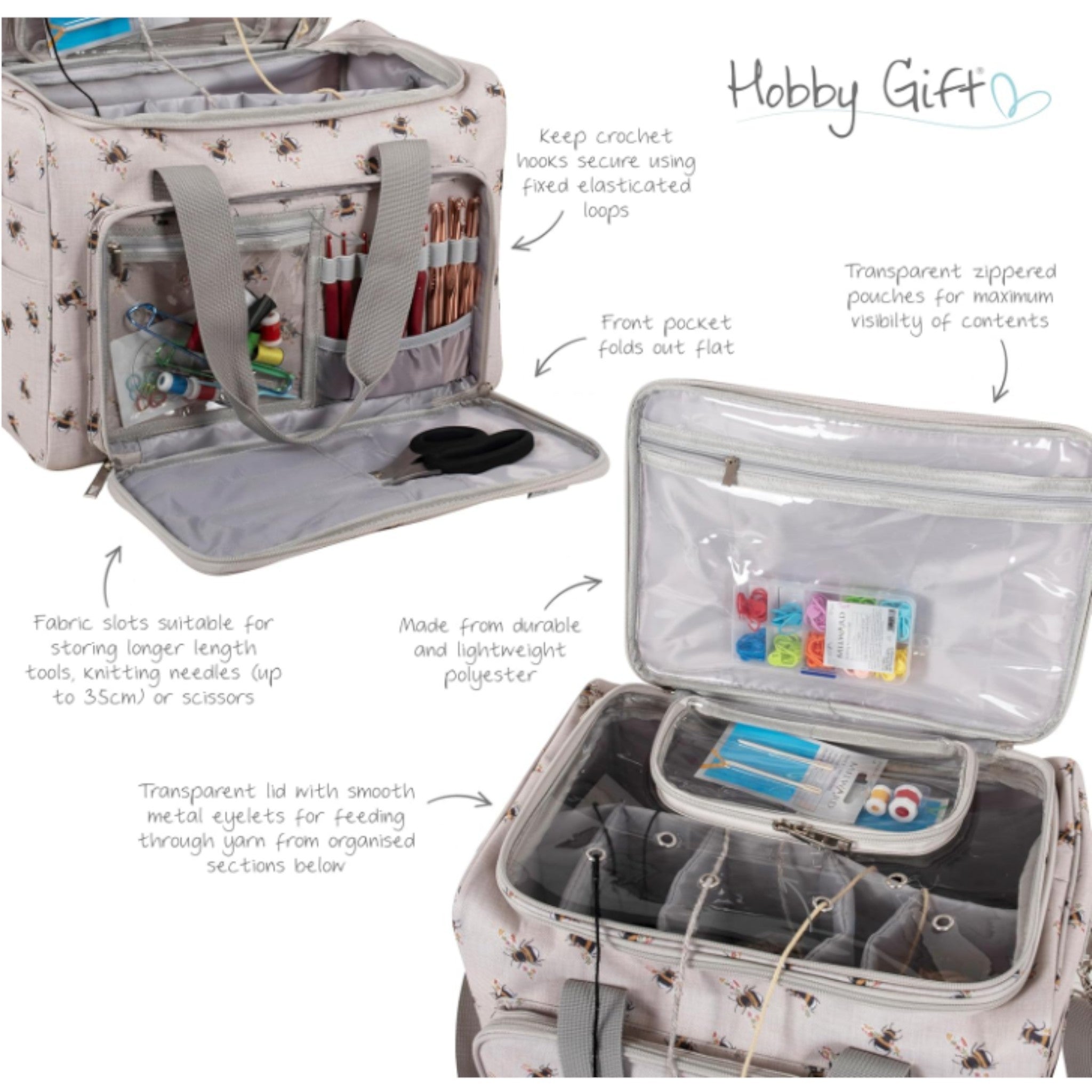 Bee Knitting & Craft Tote Organiser Bee Design Sturdy Bag with Lots of Compartments