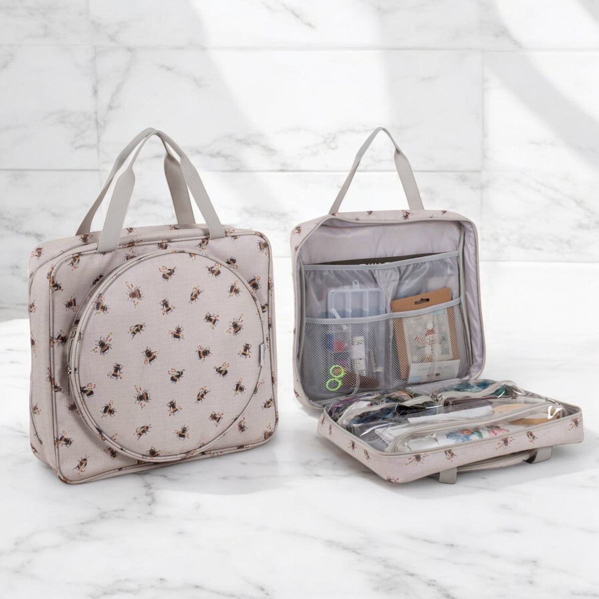 PROJECT CRAFT BAG with Embroidery Hoop Storage. Bee Design.  Lots of Pockets & Compartments