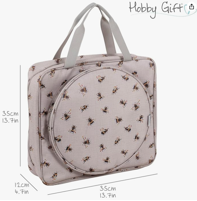PROJECT CRAFT BAG with Embroidery Hoop Storage. Bee Design.  Lots of Pockets & Compartments