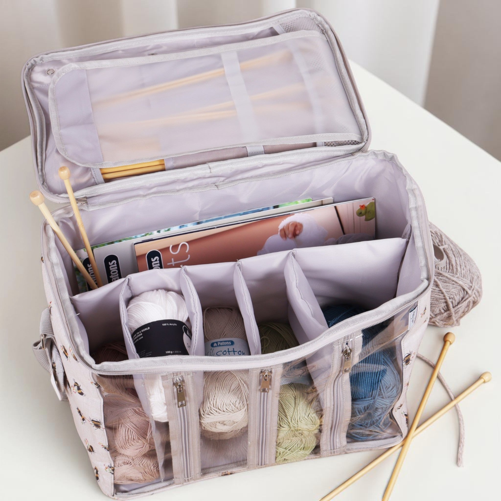 Bee Knitting Bag with Yarn Storage and Clear Front. Large Crochet Project Organiser