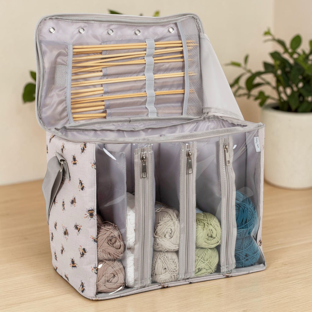 Bee Knitting Bag with Yarn Storage and Clear Front. Large Crochet Project Organiser