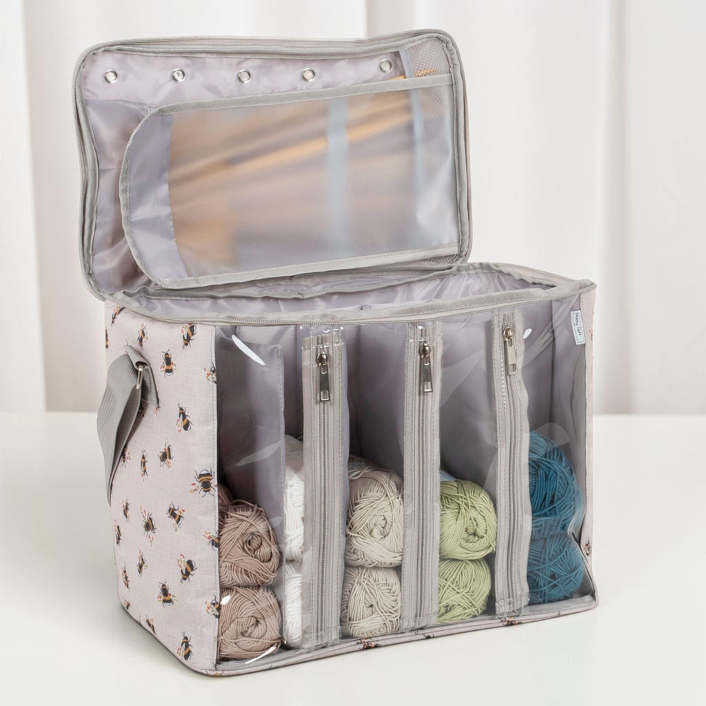 Bee Knitting Bag with Yarn Storage and Clear Front. Large Crochet Project Organiser