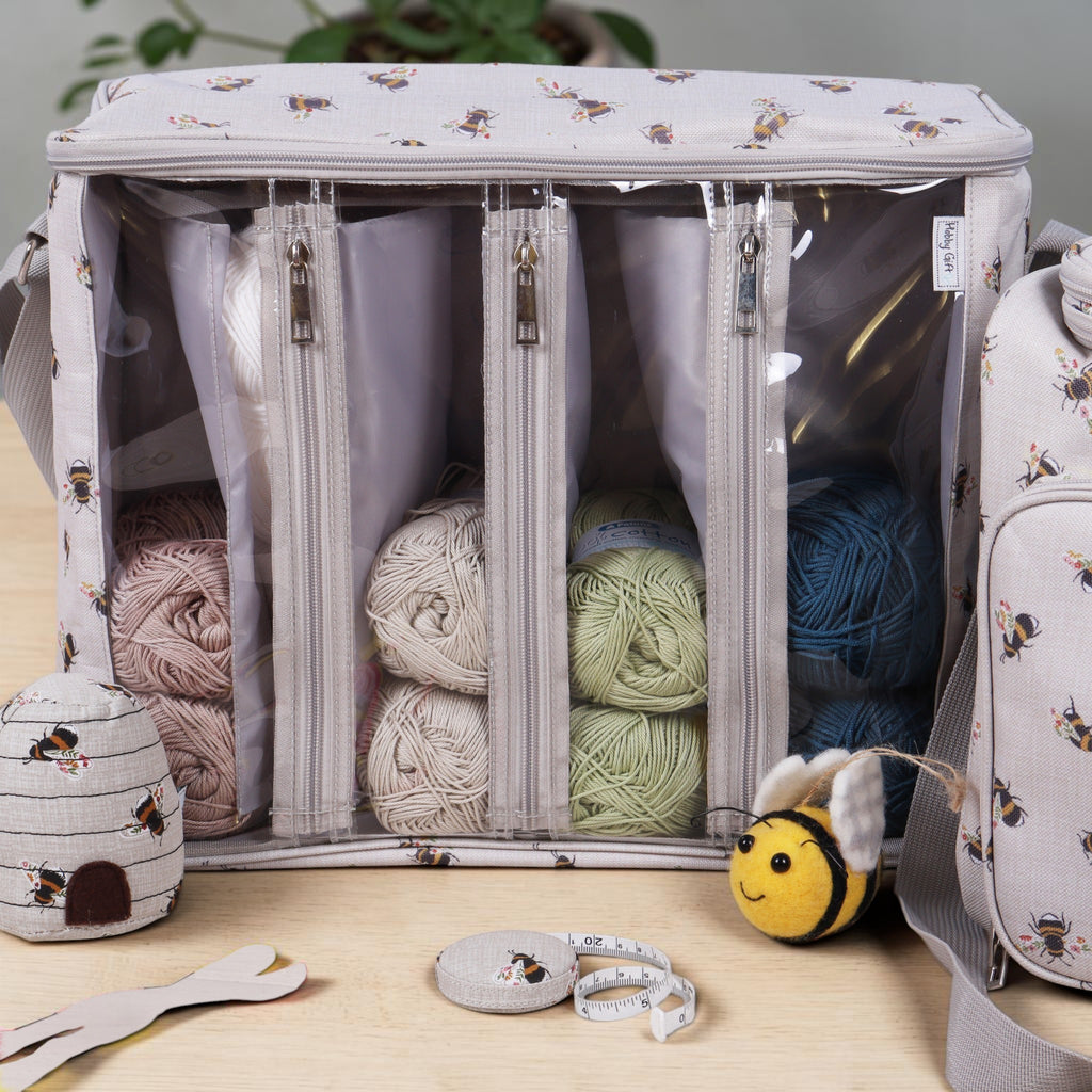 Bee Knitting Bag with Yarn Storage and Clear Front. Large Crochet Project Organiser