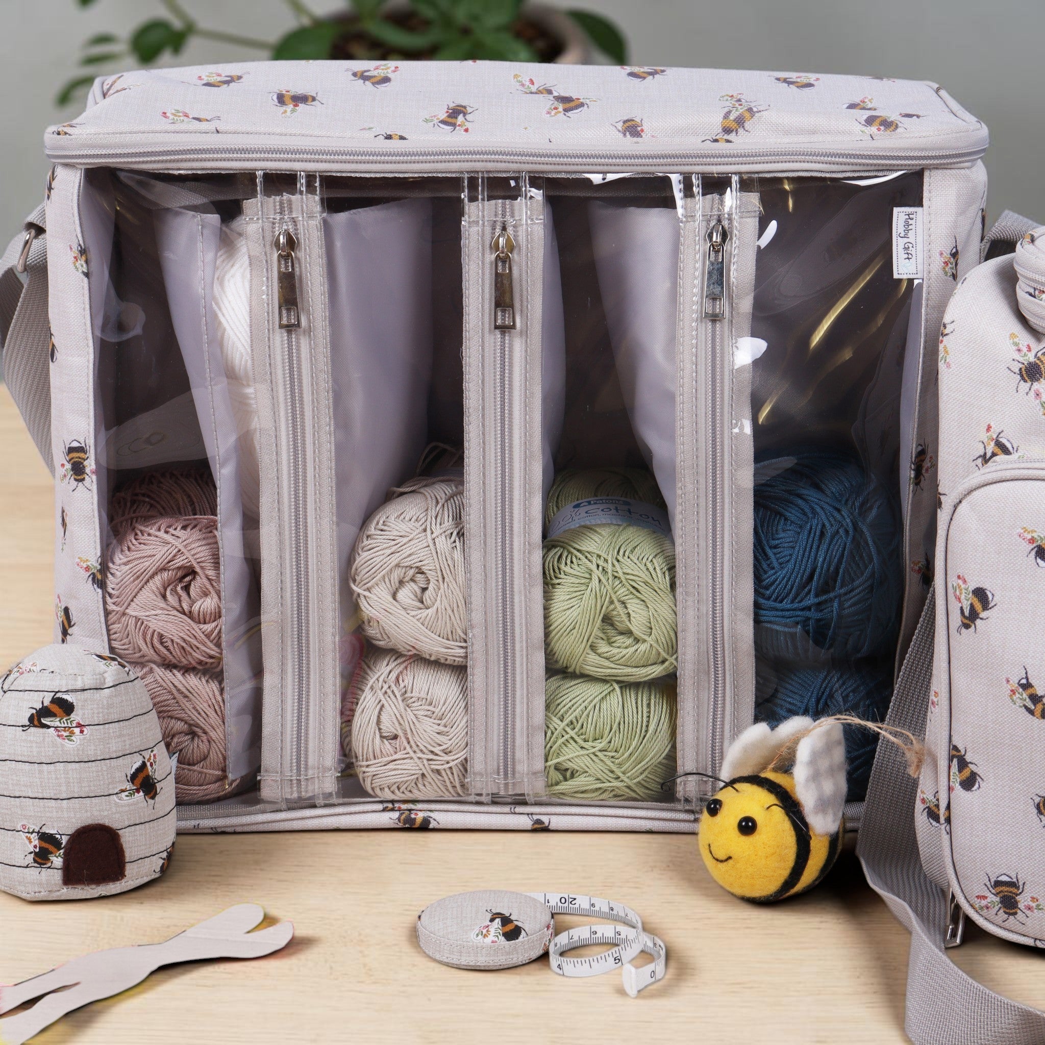 Bee Knitting Bag with Yarn Storage and Clear Front. Large Crochet Project Organiser