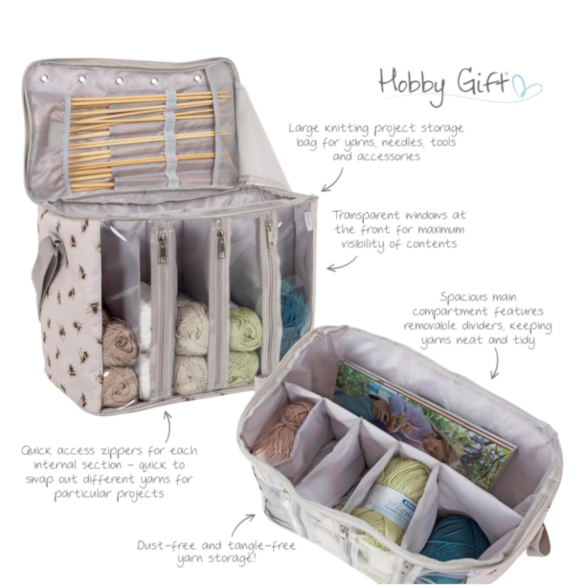 Bee Knitting Bag with Yarn Storage and Clear Front. Large Crochet Project Organiser