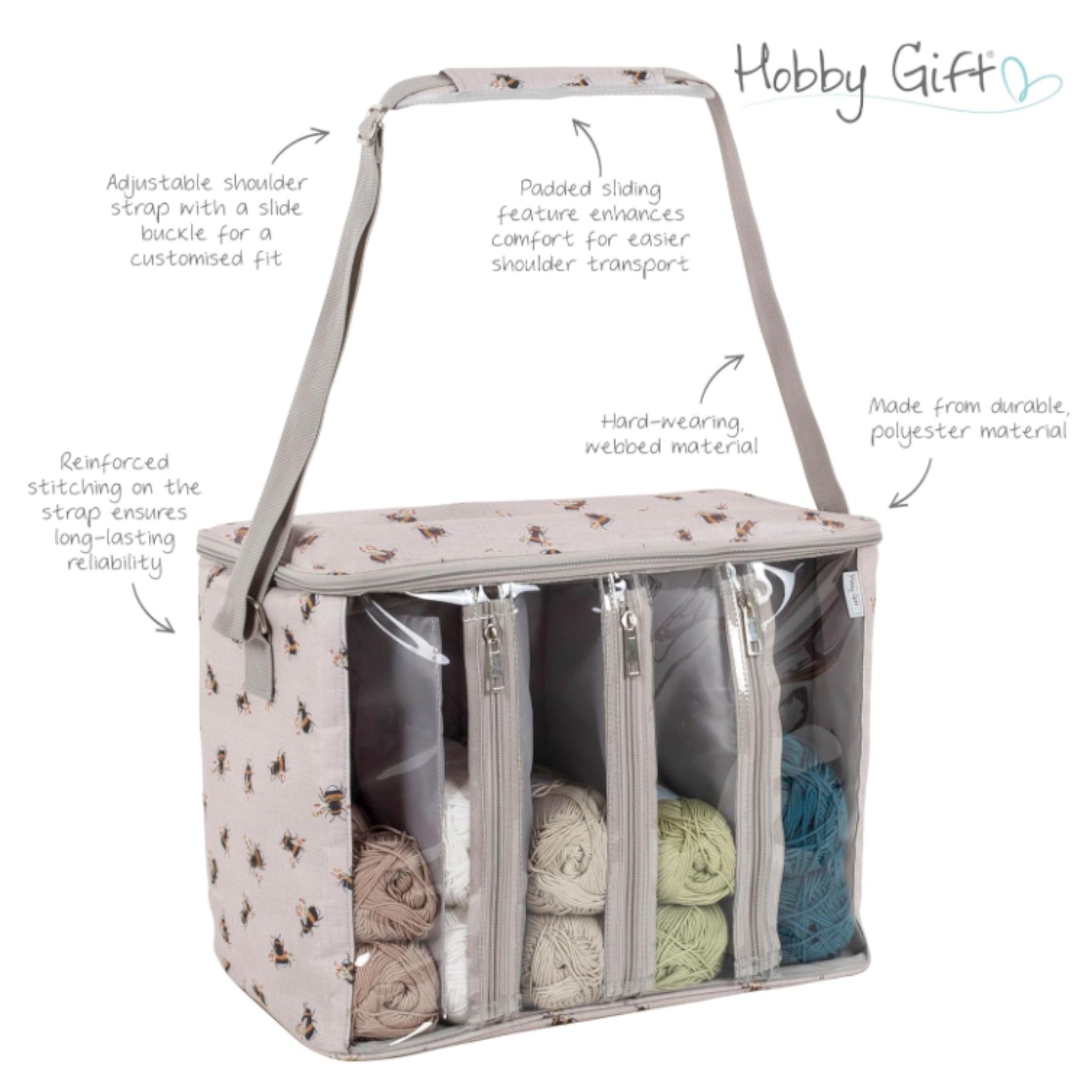 Bee Knitting Bag with Yarn Storage and Clear Front. Large Crochet Project Organiser
