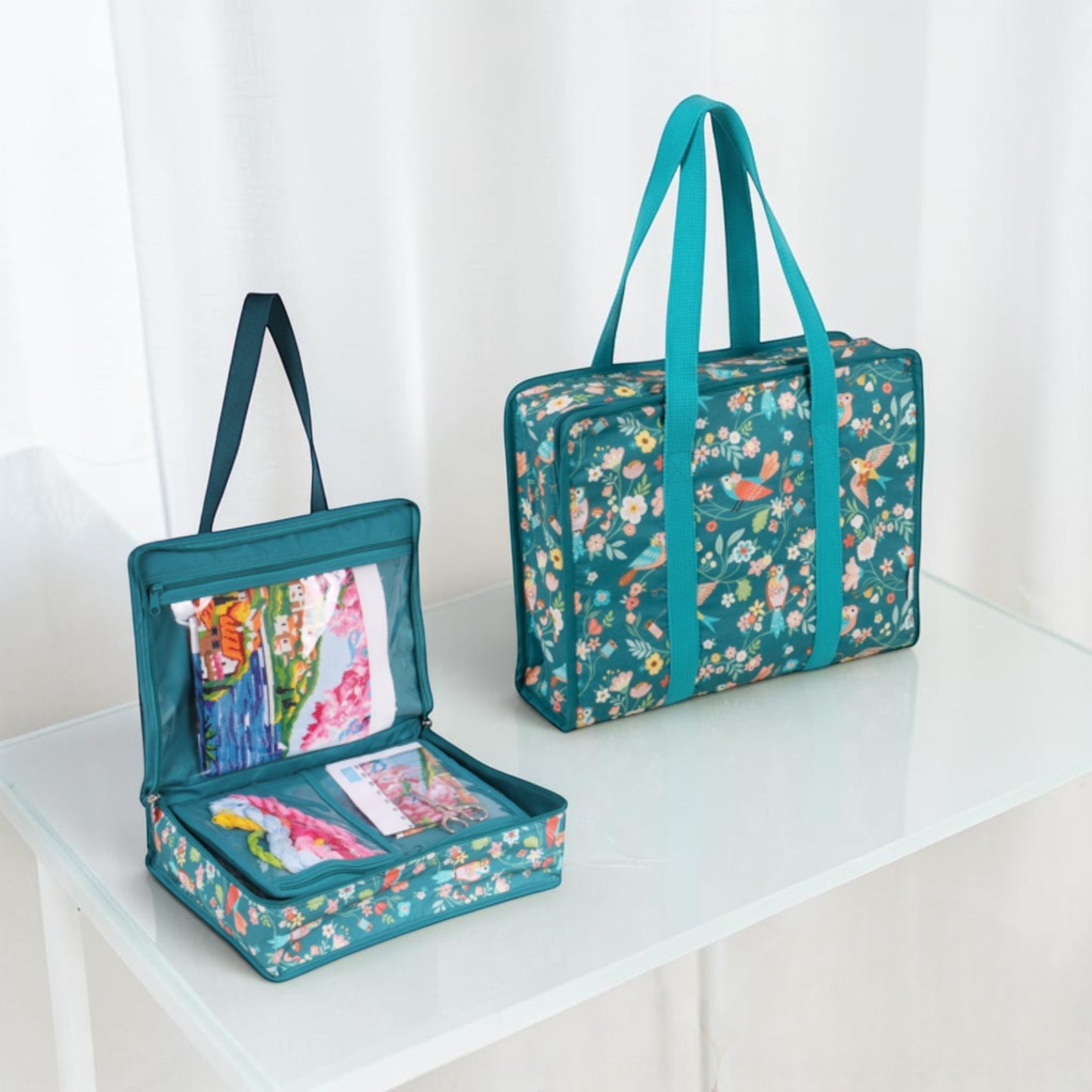 Bird Aviary Fabric Craft Bag: Turquoise Bird and Floral Project Tote