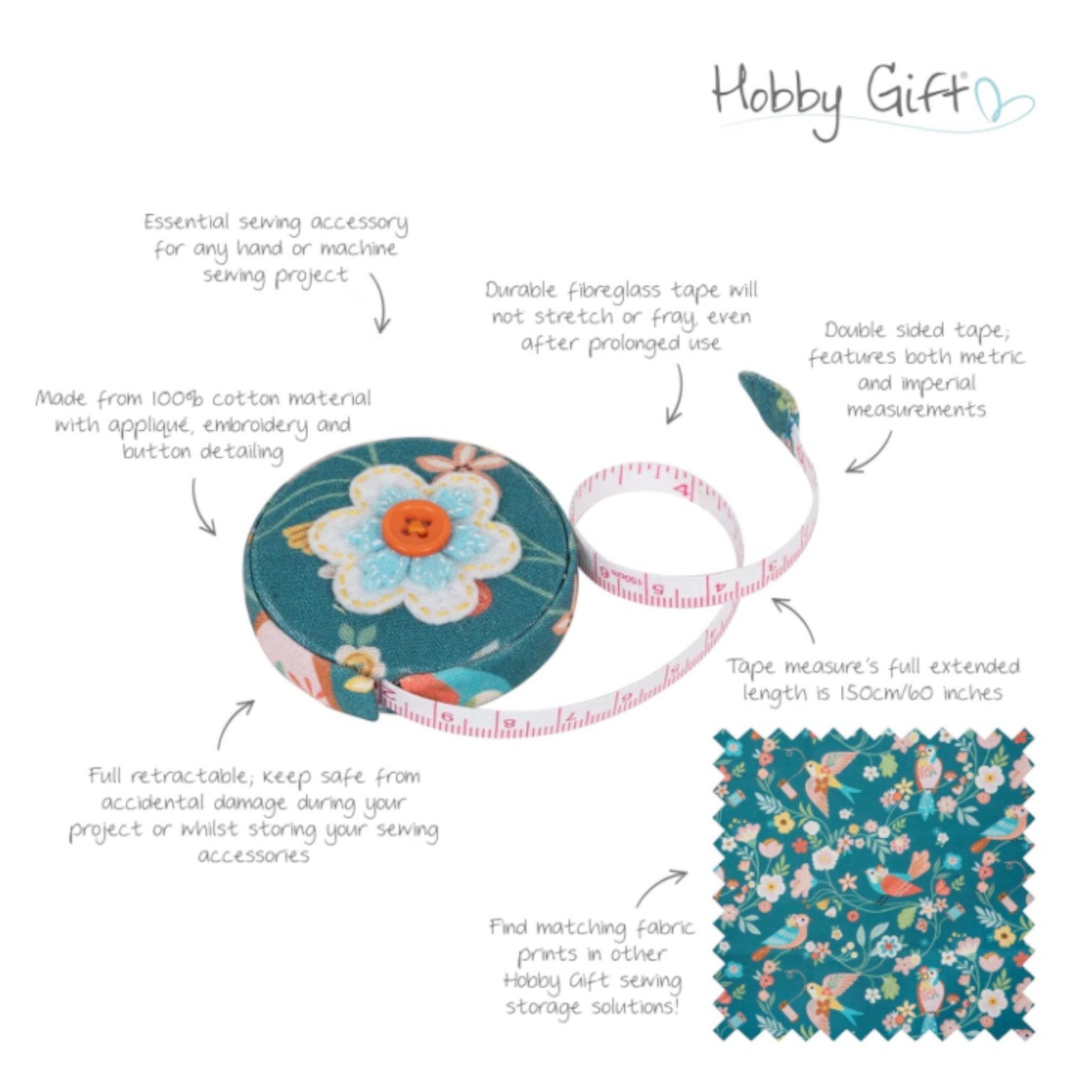 Fabric Tape Measure: Bird Aviary Design, Handbag Size, Applique Detail