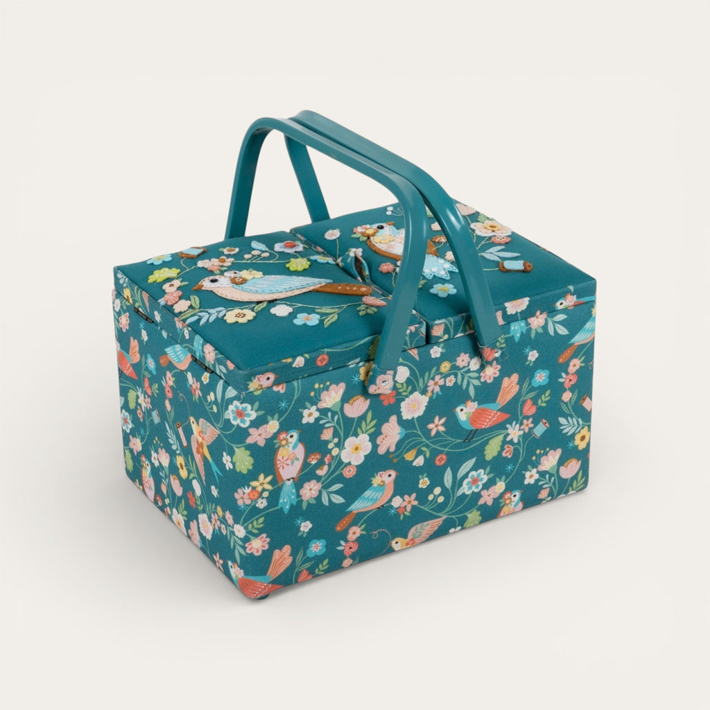 Large Bird Aviary Sewing Box. Twin Lid Embroidered Storage Basket
