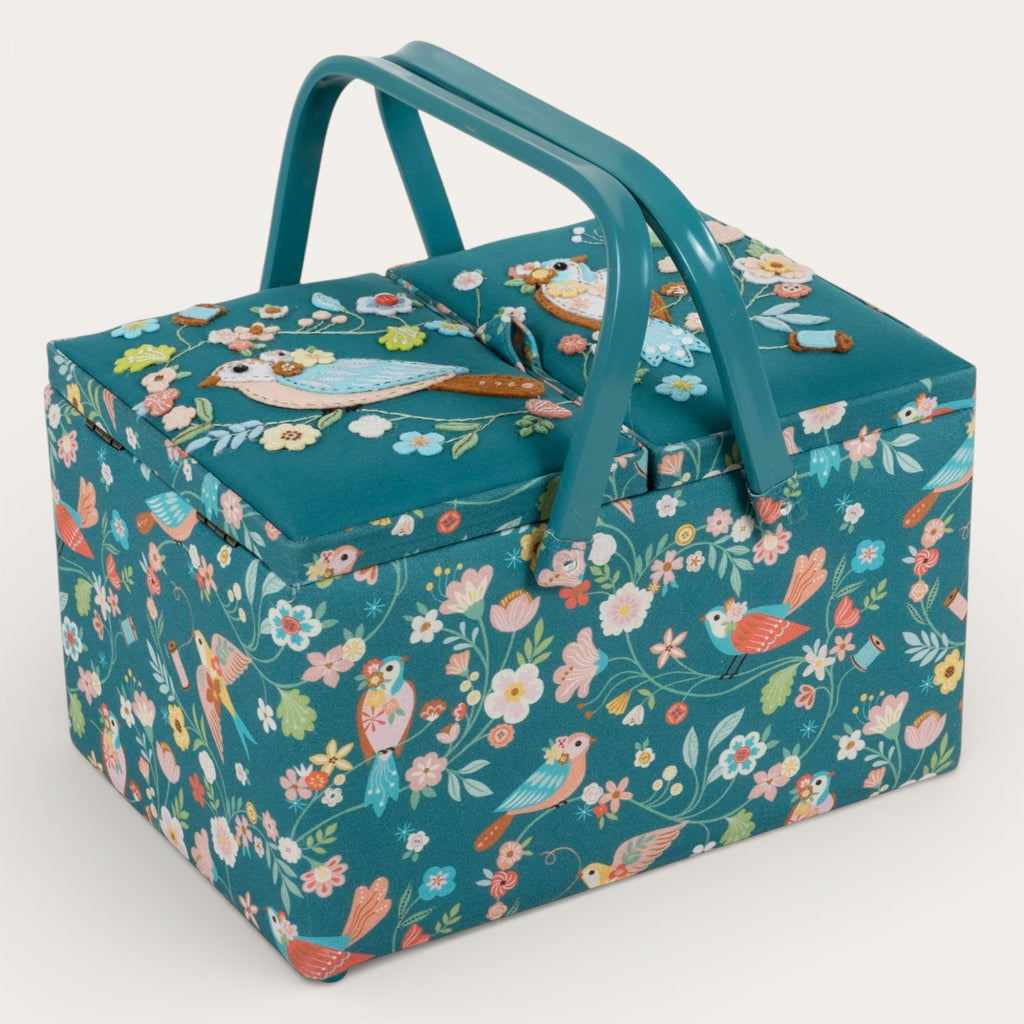 Large Bird Aviary Sewing Box. Twin Lid Embroidered Storage Basket