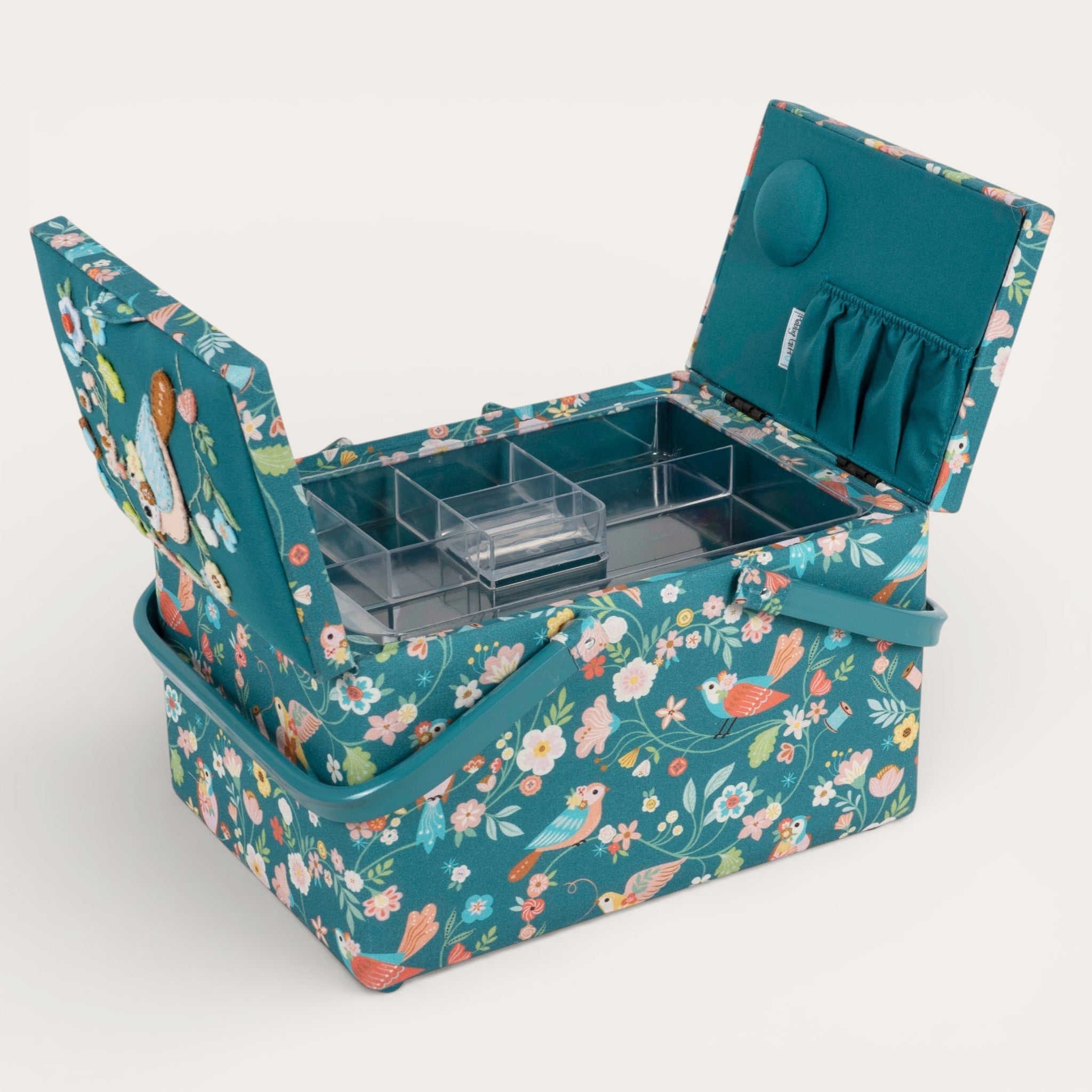 Large Bird Aviary Sewing Box. Twin Lid Embroidered Storage Basket