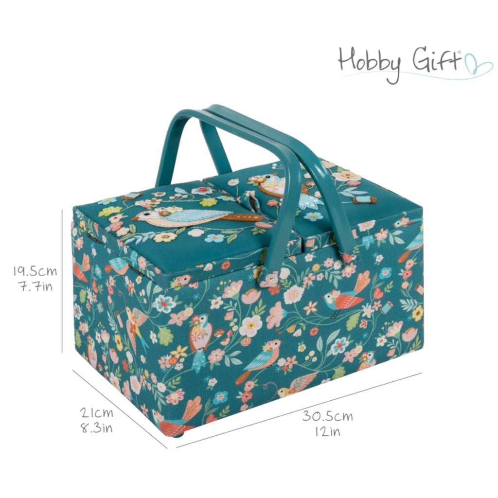Large Bird Aviary Sewing Box. Twin Lid Embroidered Storage Basket