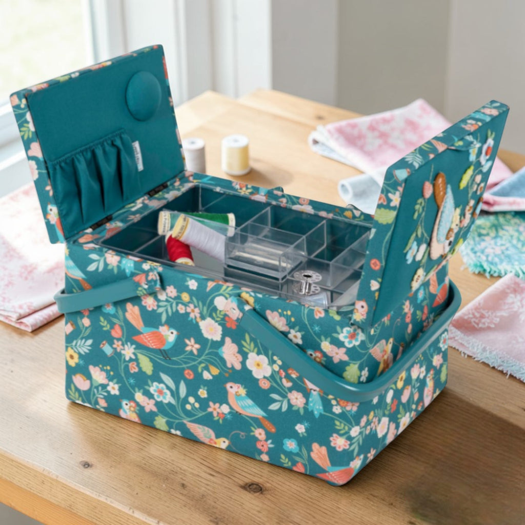 Large Bird Aviary Sewing Box. Twin Lid Embroidered Storage Basket
