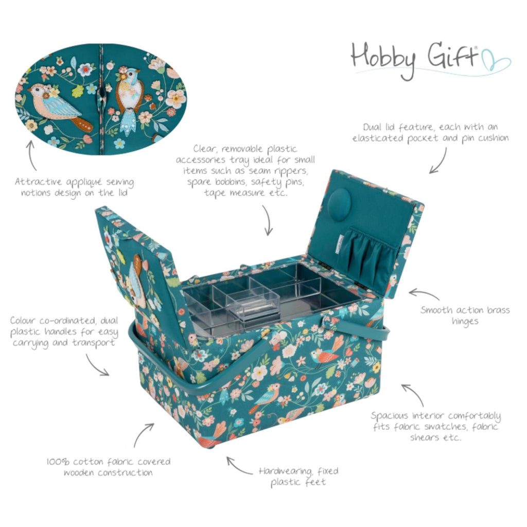 Large Bird Aviary Sewing Box. Twin Lid Embroidered Storage Basket