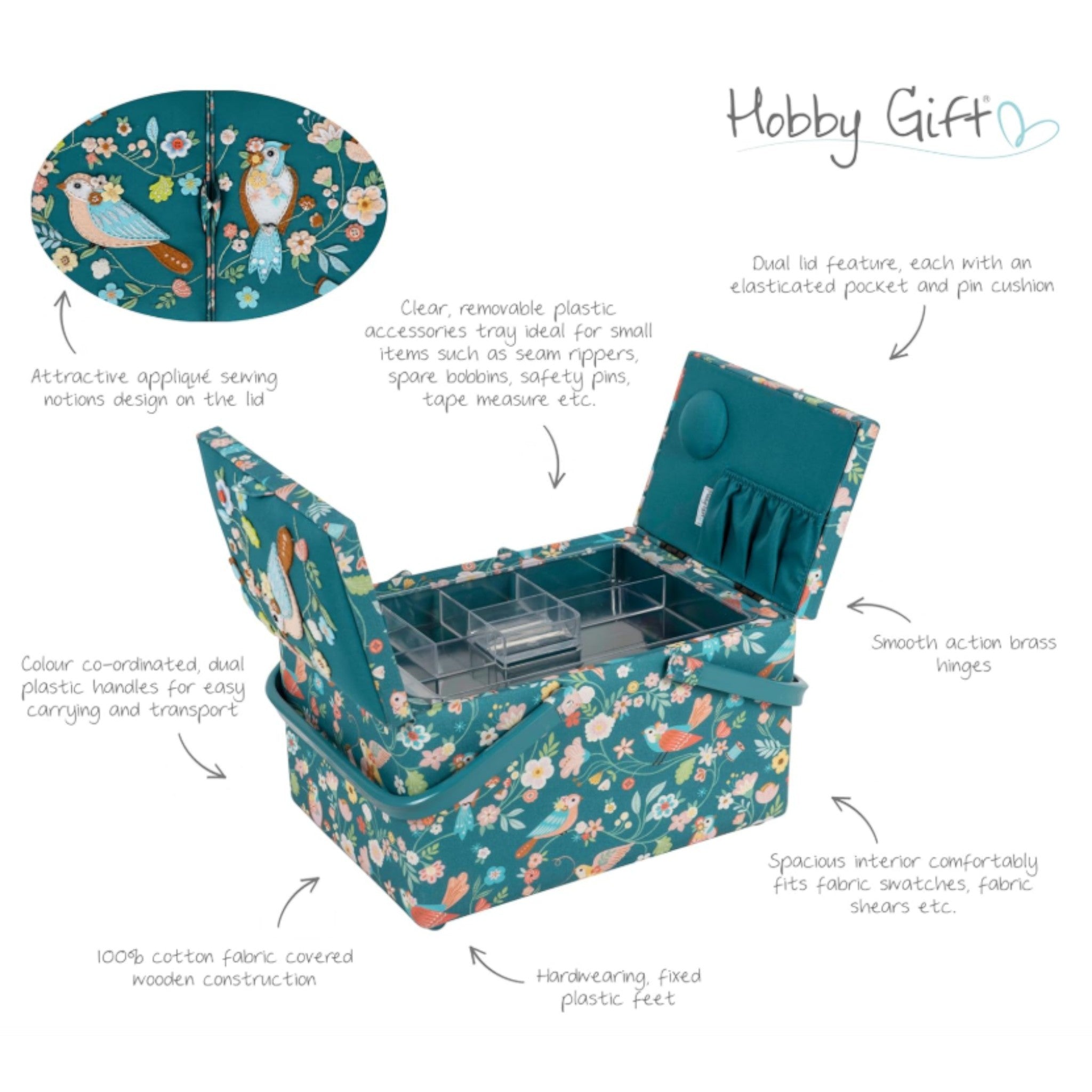 Large Bird Aviary Sewing Box. Twin Lid Embroidered Storage Basket