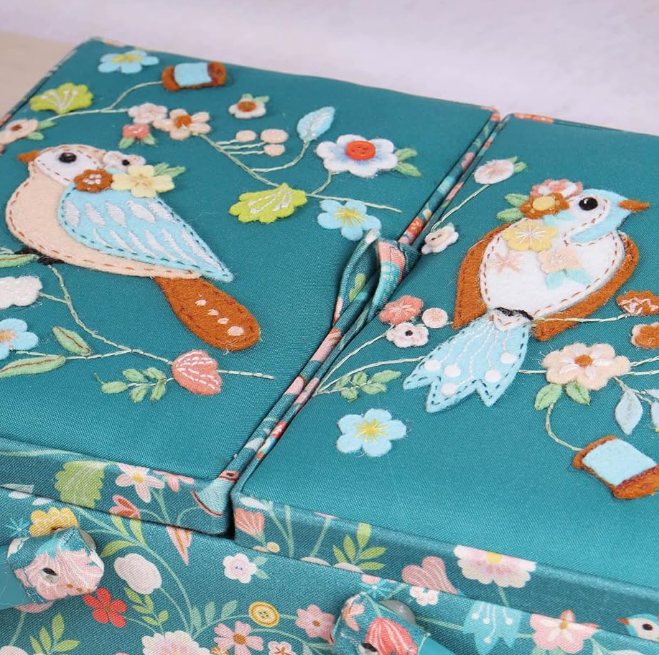 Large Bird Aviary Sewing Box. Twin Lid Embroidered Storage Basket