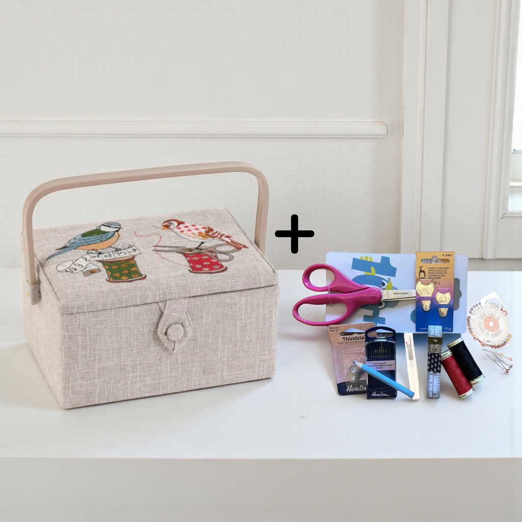 Sewing Basket ‘Birds on a Bobbin’ Design with Embroidered Lid  and optional Sewing Kit