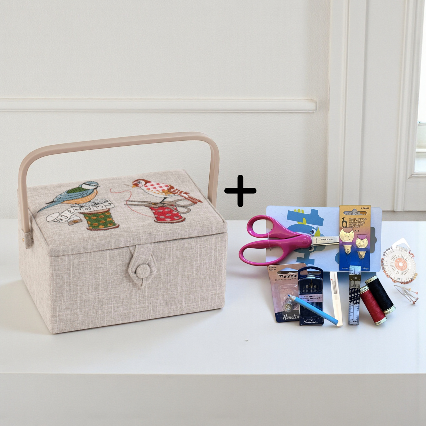 Sewing Basket ‘Birds on a Bobbin’ Design with Embroidered Lid  and optional Sewing Kit