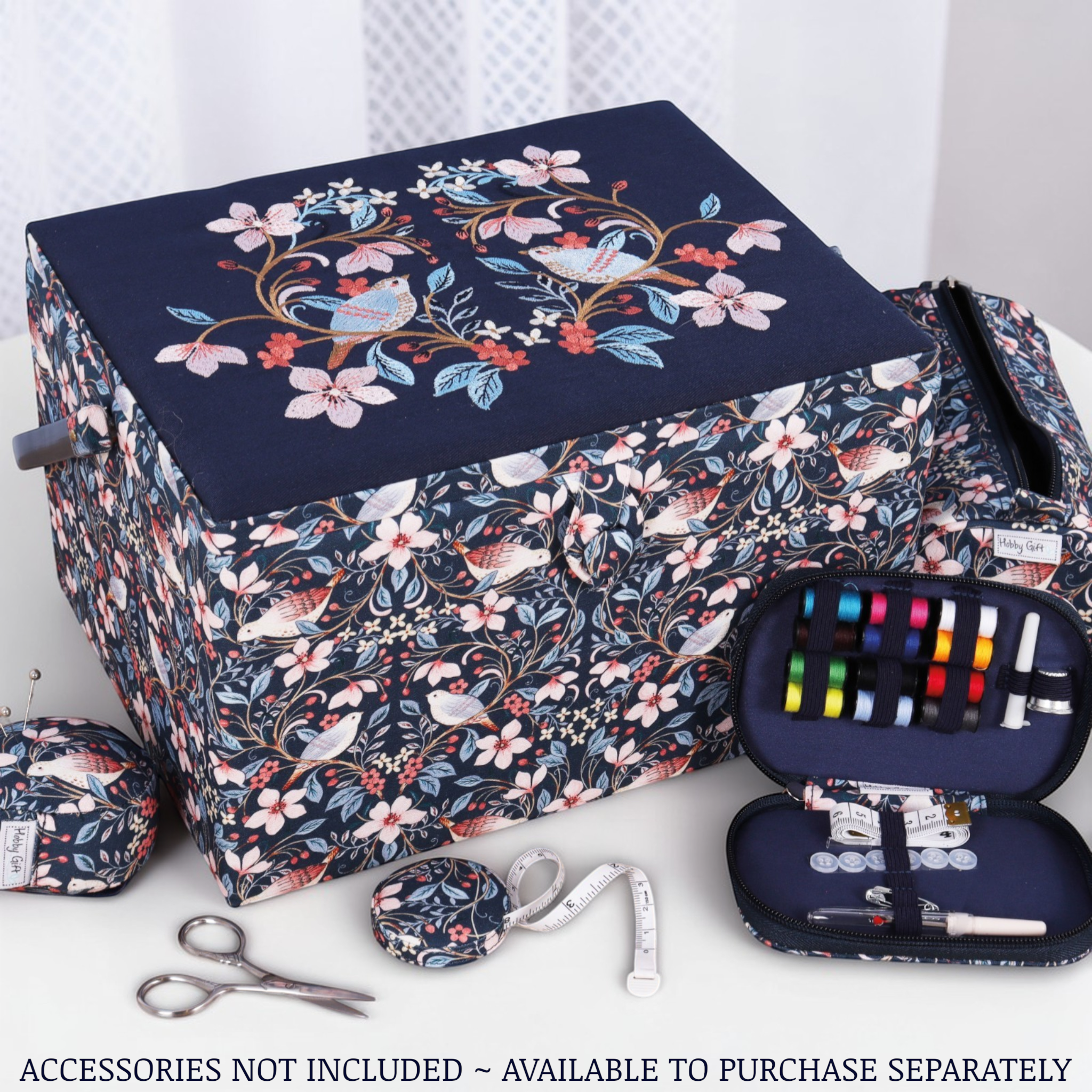 Blossom Birds Sewing Box with Embroidered Lid – Optional Sewing Accessory Kit