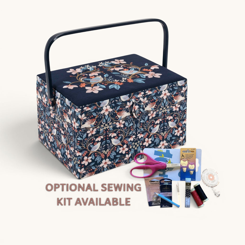 Blossom Birds Sewing Box with Embroidered Lid – Optional Sewing Accessory Kit