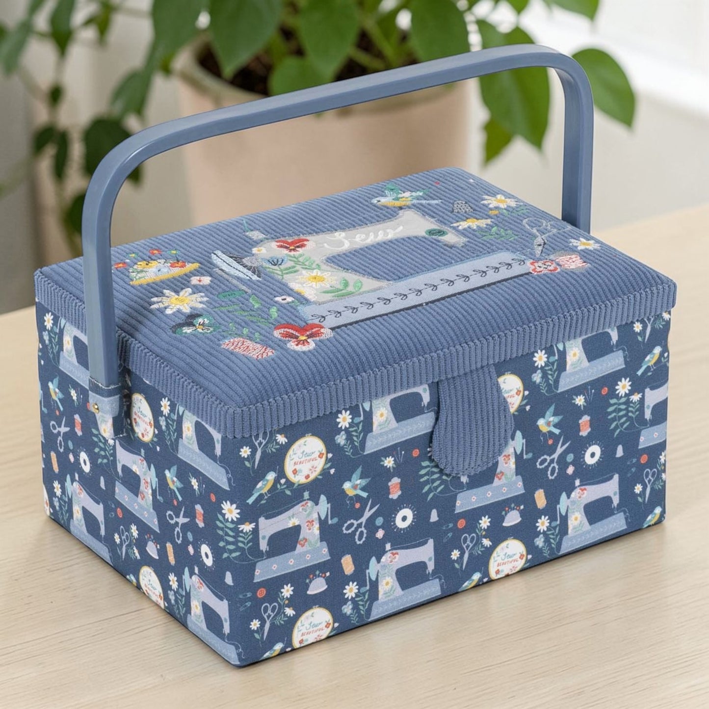 Embroidered Sewing Box – Blue Sewing Machines Design Basket with Optional Accessory Kit