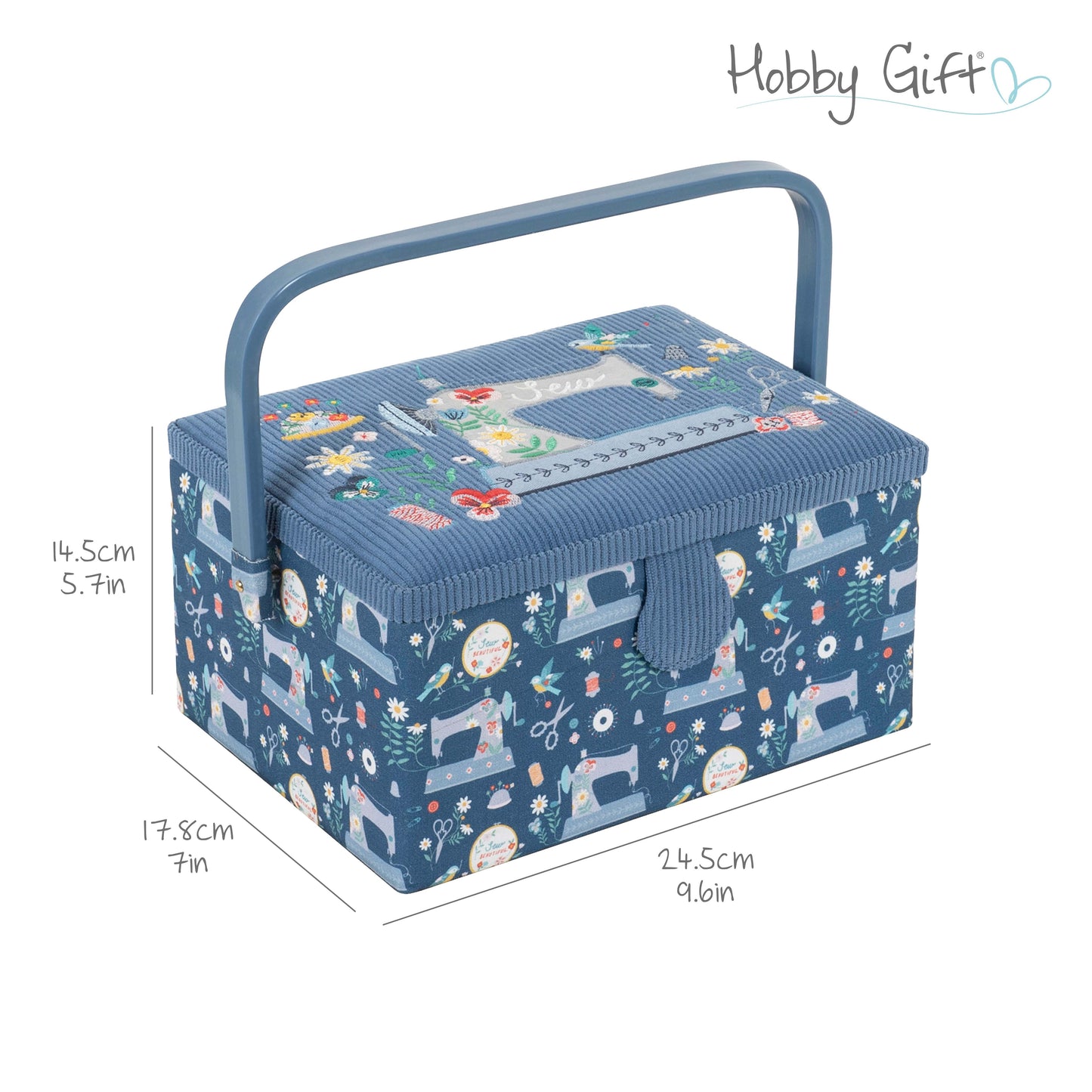 Embroidered Sewing Box – Blue Sewing Machines Design Basket with Optional Accessory Kit