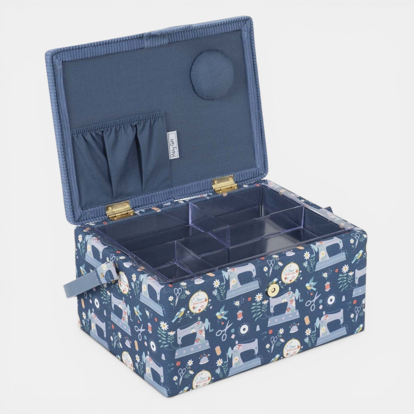 Embroidered Sewing Box – Blue Sewing Machines Design Basket with Optional Accessory Kit