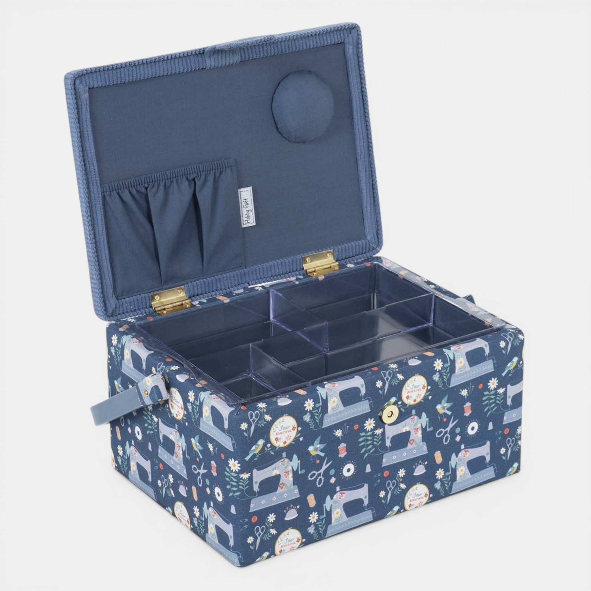 Embroidered Sewing Box – Blue Sewing Machines Design Basket with Optional Accessory Kit