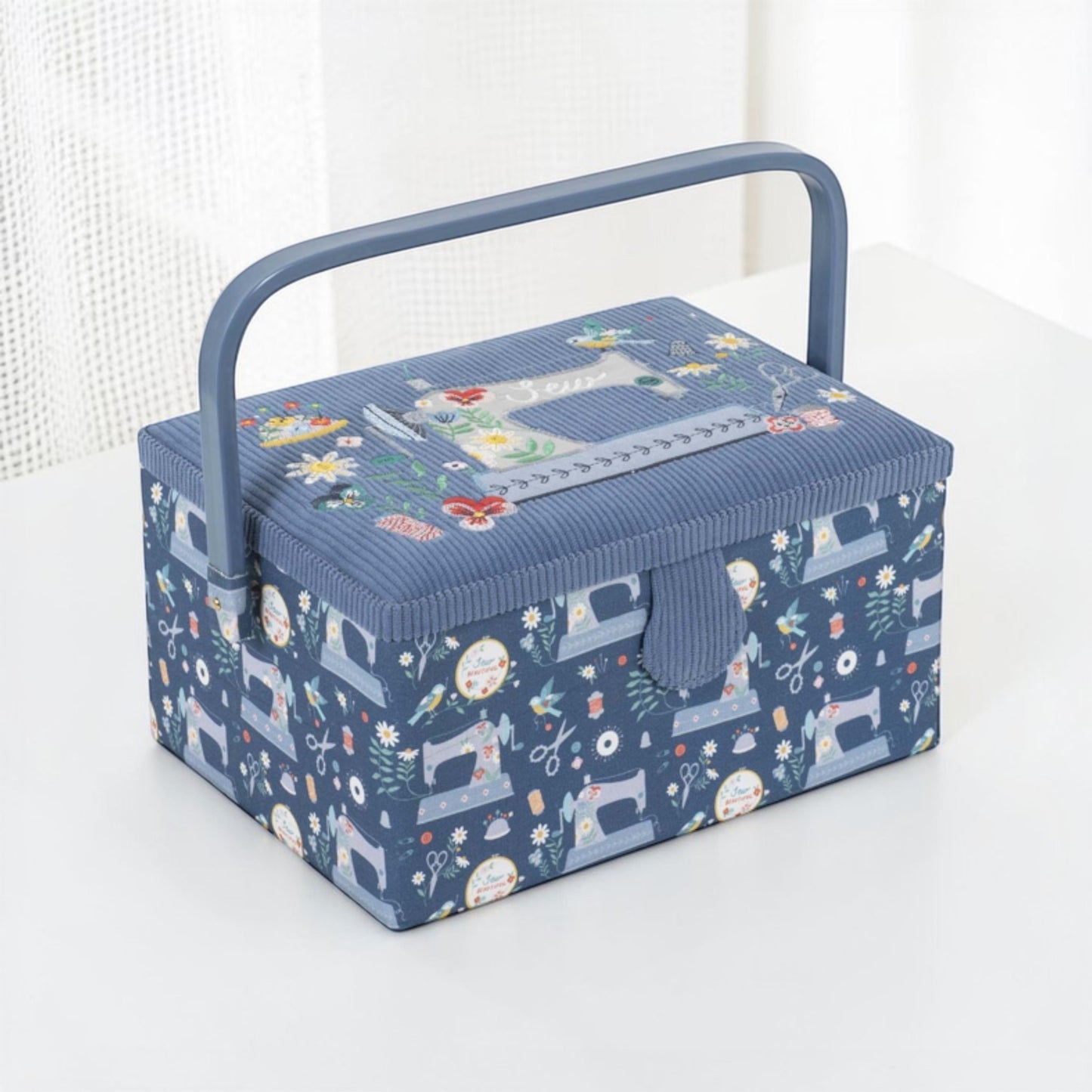 Embroidered Sewing Box – Blue Sewing Machines Design Basket with Optional Accessory Kit
