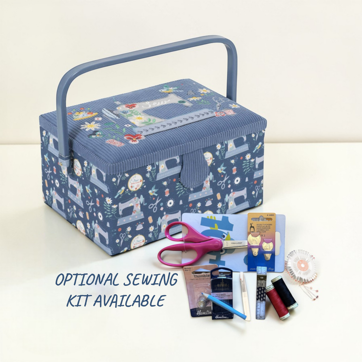 Embroidered Sewing Box – Blue Sewing Machines Design Basket with Optional Accessory Kit