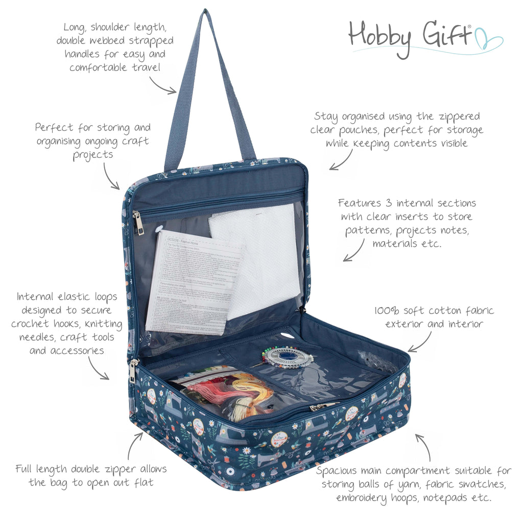All in One Project Bag. Craft Tote in a Blue Sewing Machines Design
