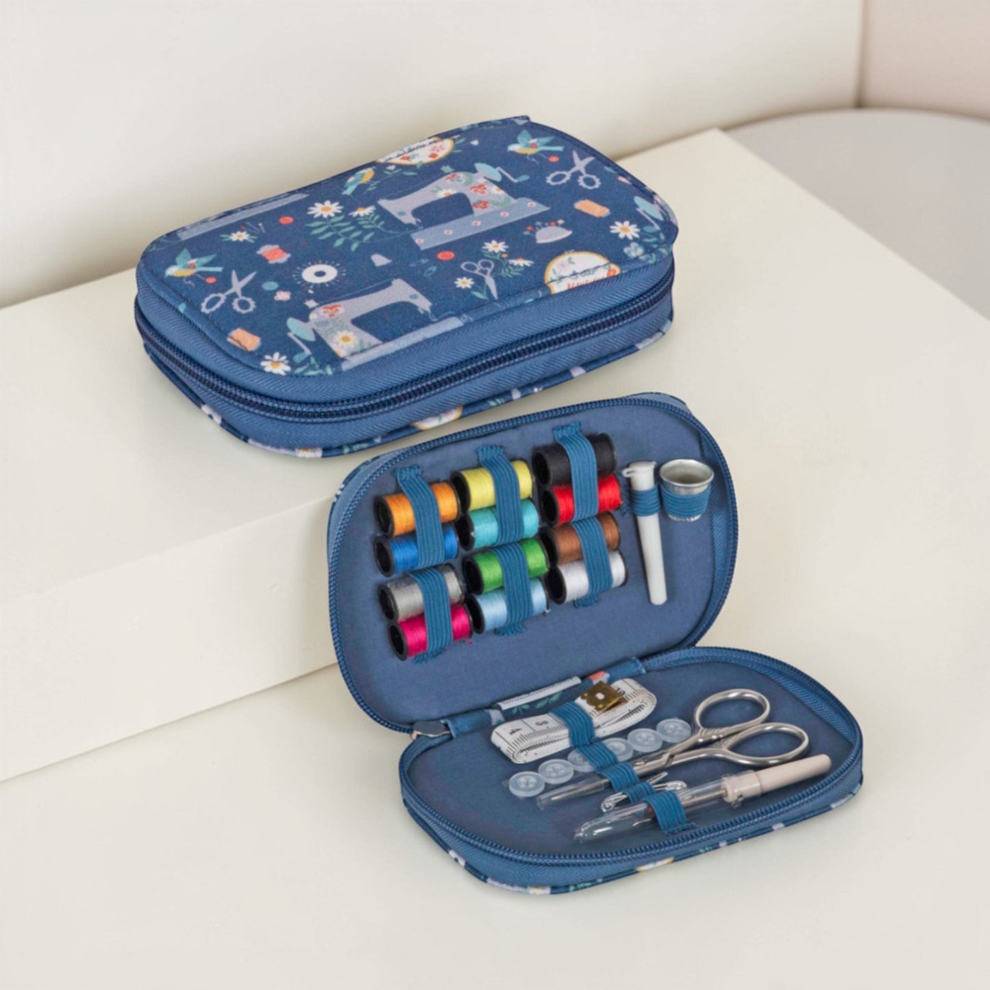 Zip Case Travel Sewing Kit – Blue Sewing Machine Print