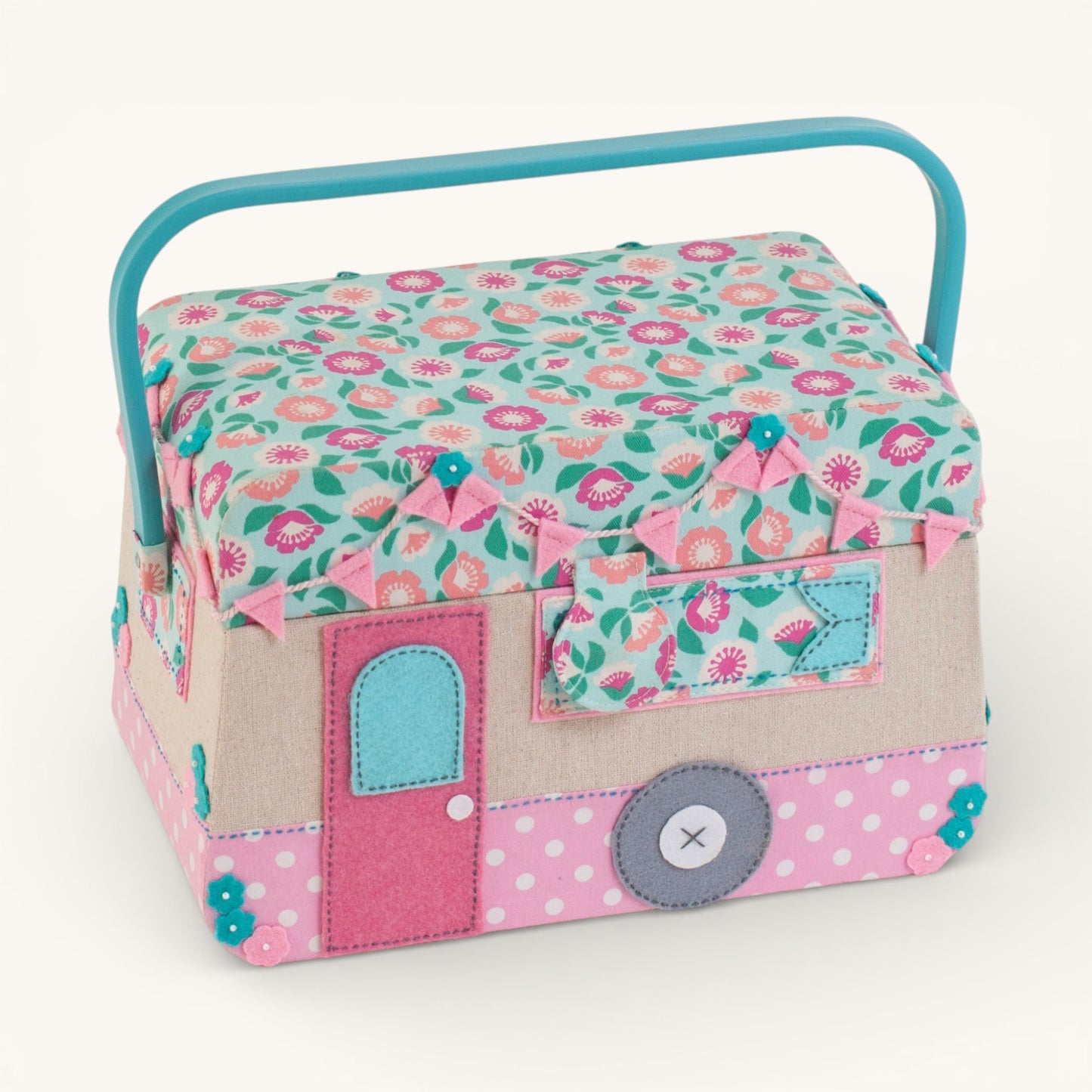 Caravan Sewing Box. Camper Sewing Basket with Applique & Storage Tray