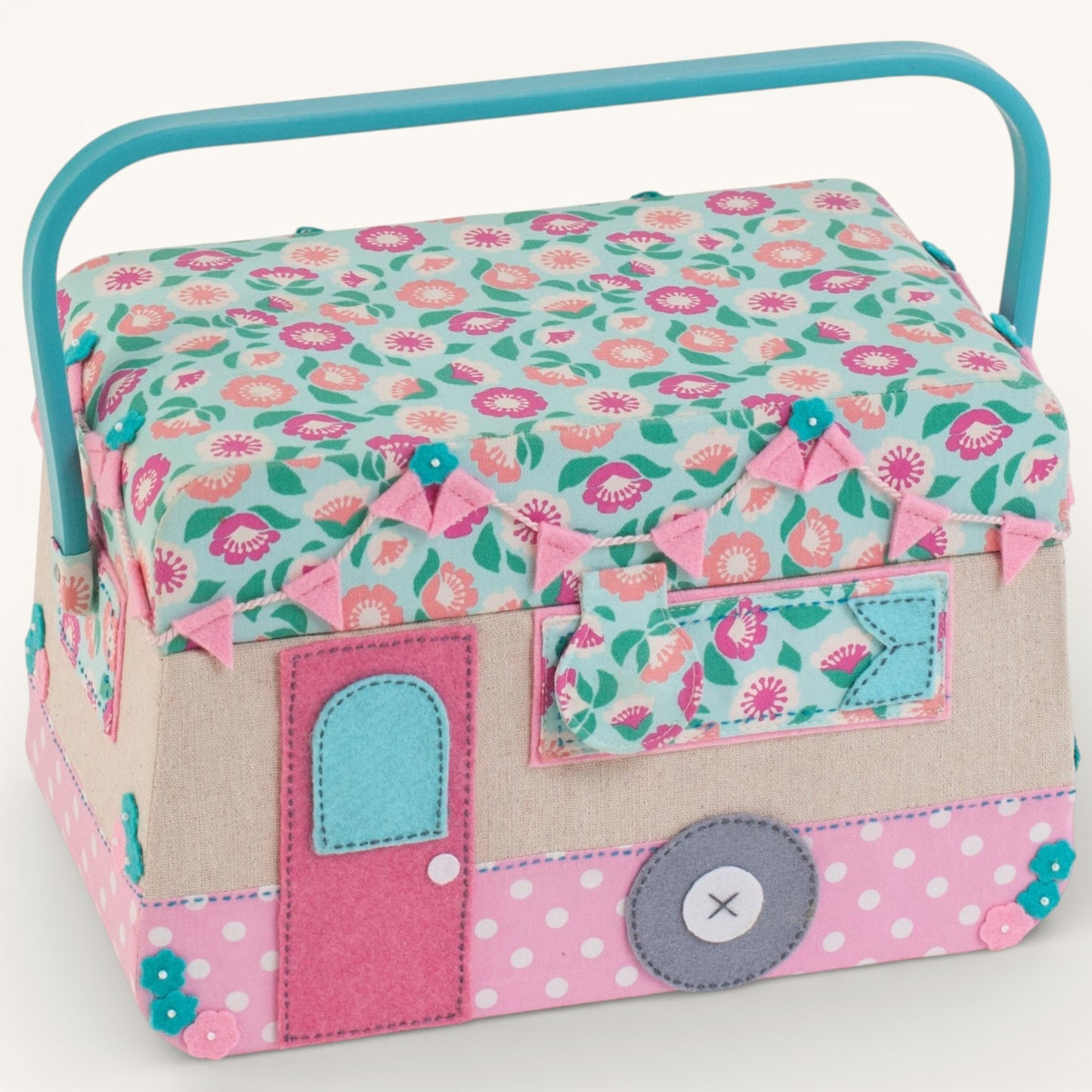 Caravan Sewing Box. Camper Sewing Basket with Applique & Storage Tray